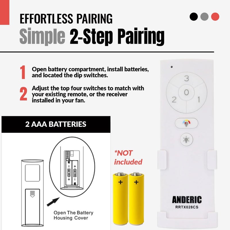 Anderic RRTX028C-S Replacement Ceiling Fan Remote Control Compatible with Hampton Bay and Home Decorators Collection Fans – Works with RRTX028CS Receiver, 3 Speeds, Light Dimming, CCT Color Control - Image 5